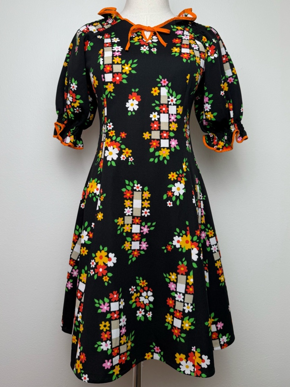 True Vintage 70s Black Orange Floral Pattern Puff Sleeve Fit Flare Dress